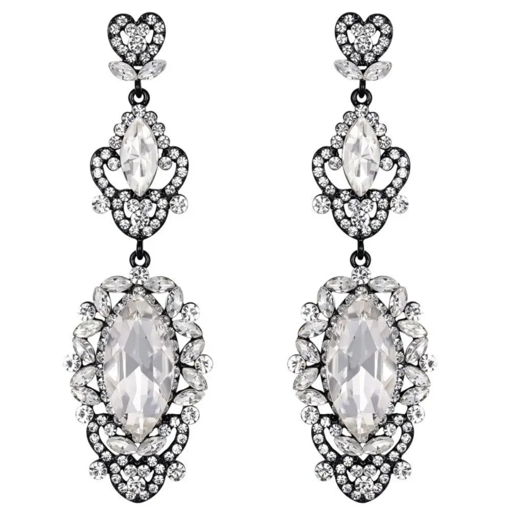 Carbon Black with White Diamond Crystal Art Deco Chandelier Post Back Earrings